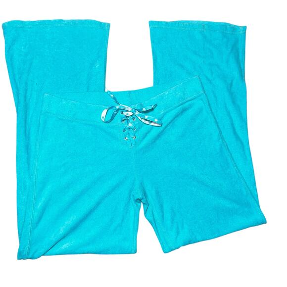 Y2K JLo Jennifer Lopez teal low rise wide leg terry cloth track pants size large - Picture 4 of 8